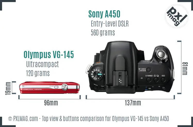 Olympus VG-145 vs Sony A450 top view buttons comparison