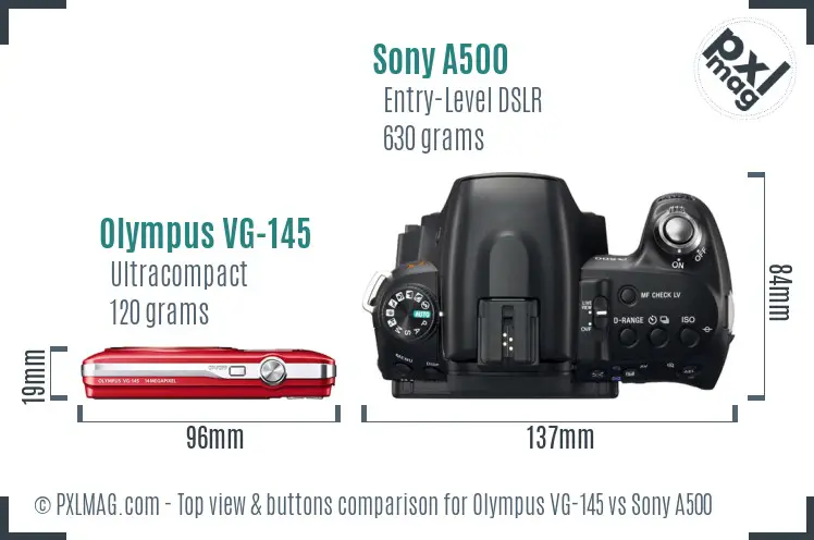 Olympus VG-145 vs Sony A500 top view buttons comparison