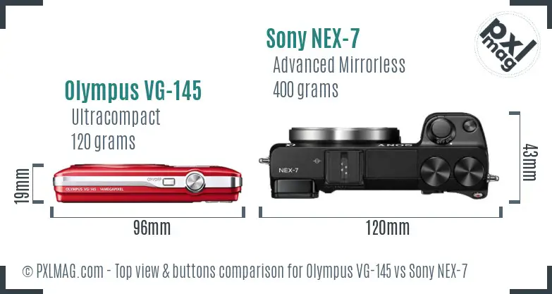 Olympus VG-145 vs Sony NEX-7 top view buttons comparison