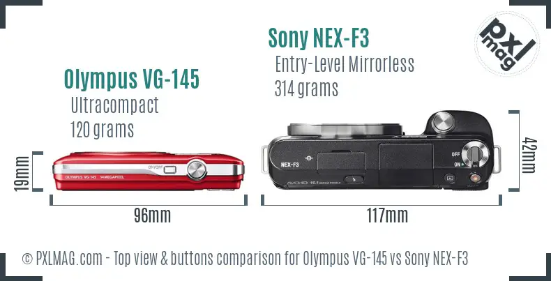 Olympus VG-145 vs Sony NEX-F3 top view buttons comparison