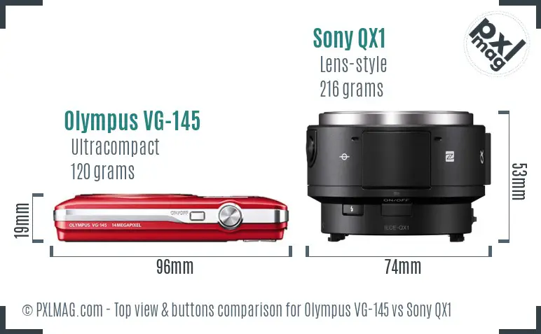 Olympus VG-145 vs Sony QX1 top view buttons comparison