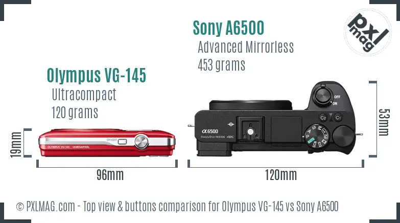 Olympus VG-145 vs Sony A6500 top view buttons comparison