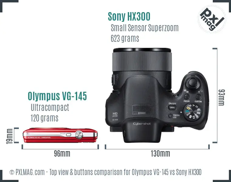 Olympus VG-145 vs Sony HX300 top view buttons comparison