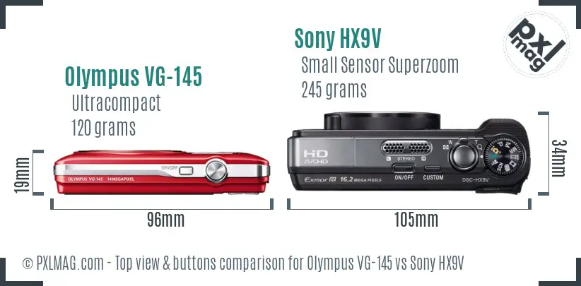Olympus VG-145 vs Sony HX9V top view buttons comparison