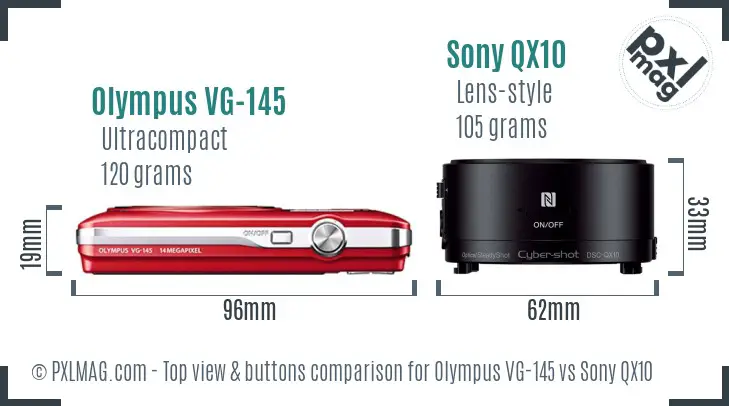 Olympus VG-145 vs Sony QX10 top view buttons comparison