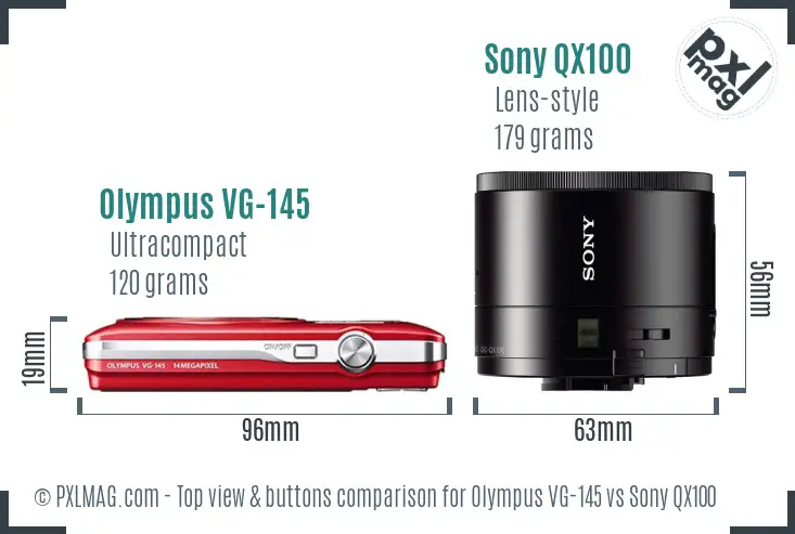 Olympus VG-145 vs Sony QX100 top view buttons comparison