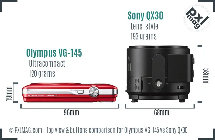Olympus VG-145 vs Sony QX30 top view buttons comparison