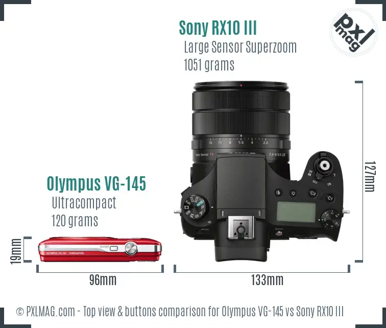 Olympus VG-145 vs Sony RX10 III top view buttons comparison