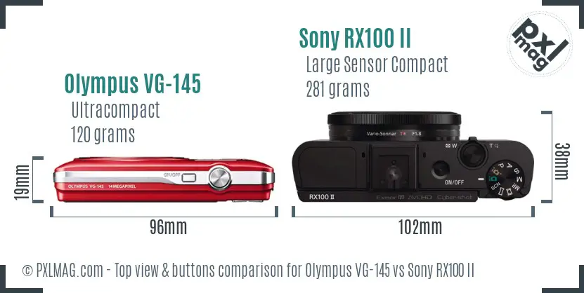 Olympus VG-145 vs Sony RX100 II top view buttons comparison