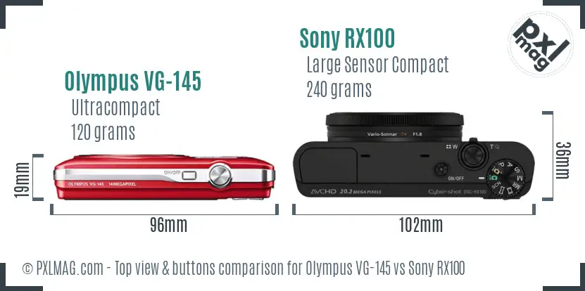 Olympus VG-145 vs Sony RX100 top view buttons comparison