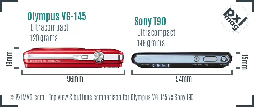 Olympus VG-145 vs Sony T90 top view buttons comparison