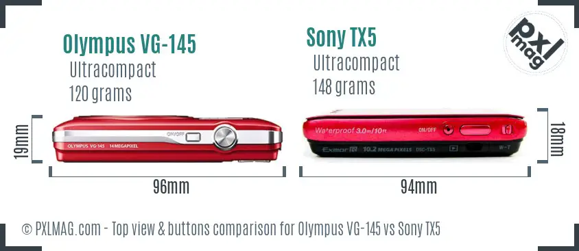 Olympus VG-145 vs Sony TX5 top view buttons comparison