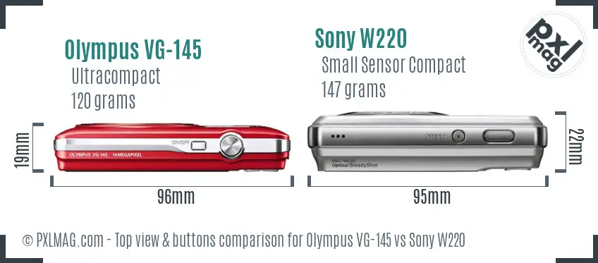 Olympus VG-145 vs Sony W220 top view buttons comparison