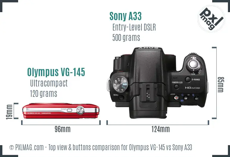 Olympus VG-145 vs Sony A33 top view buttons comparison