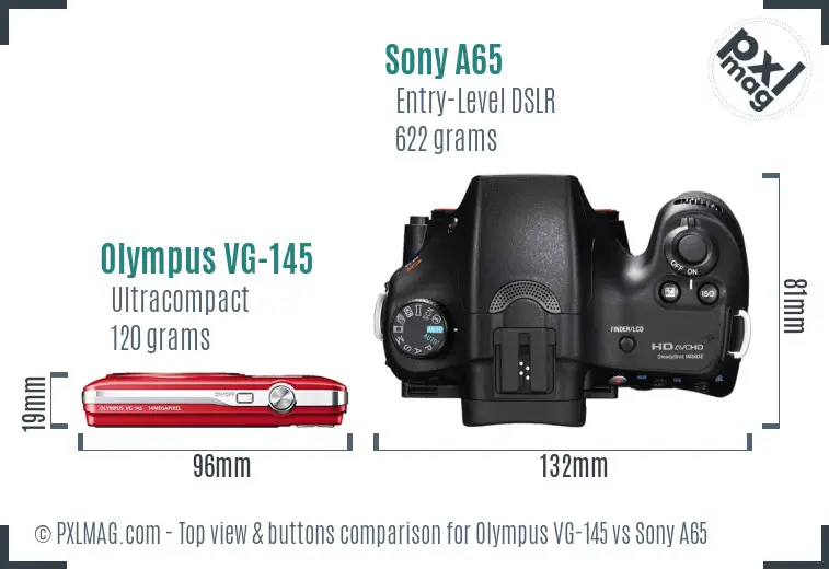 Olympus VG-145 vs Sony A65 top view buttons comparison