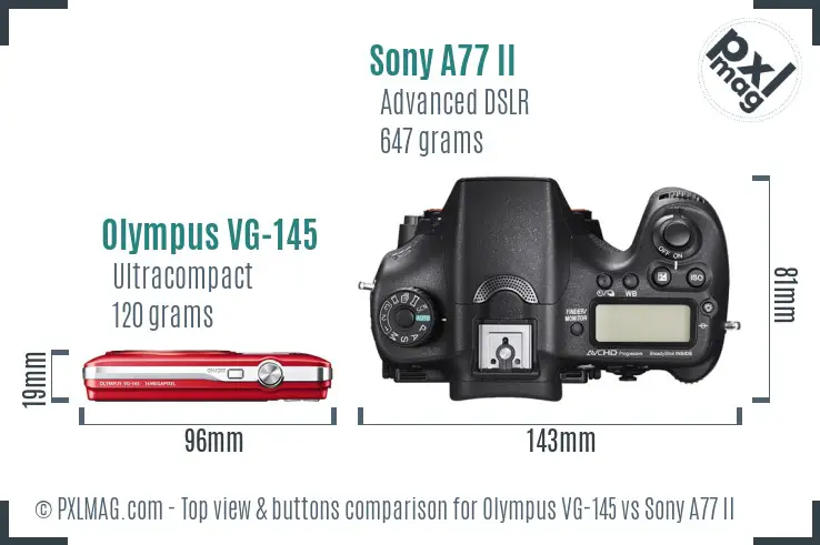 Olympus VG-145 vs Sony A77 II top view buttons comparison