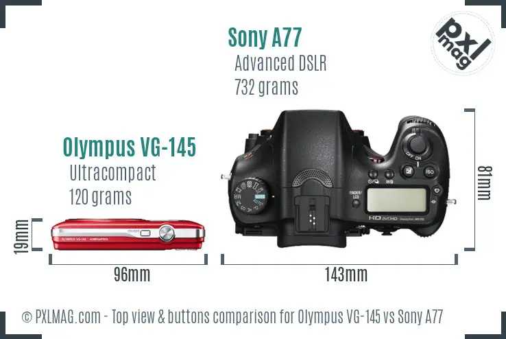 Olympus VG-145 vs Sony A77 top view buttons comparison