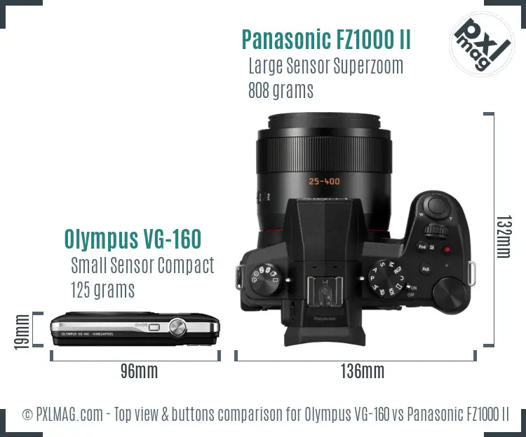 Olympus VG-160 vs Panasonic FZ1000 II top view buttons comparison