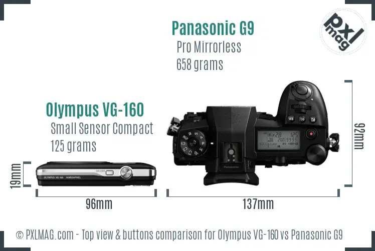 Olympus VG-160 vs Panasonic G9 top view buttons comparison