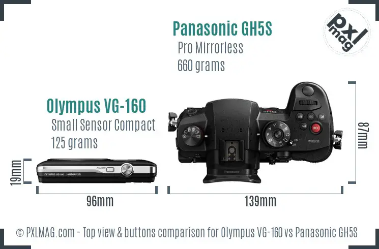 Olympus VG-160 vs Panasonic GH5S top view buttons comparison