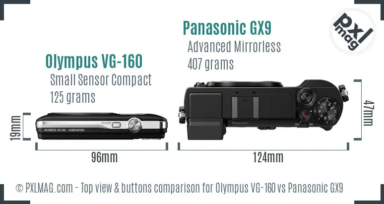Olympus VG-160 vs Panasonic GX9 top view buttons comparison