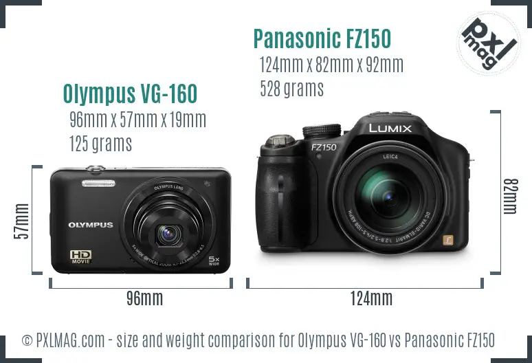 Olympus VG-160 vs Panasonic FZ150 size comparison