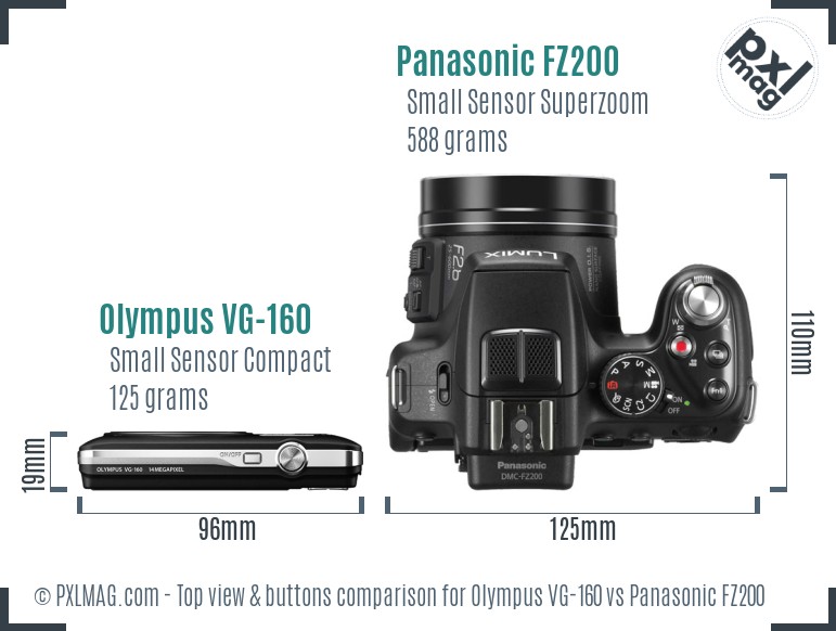 Olympus VG-160 vs Panasonic FZ200 top view buttons comparison