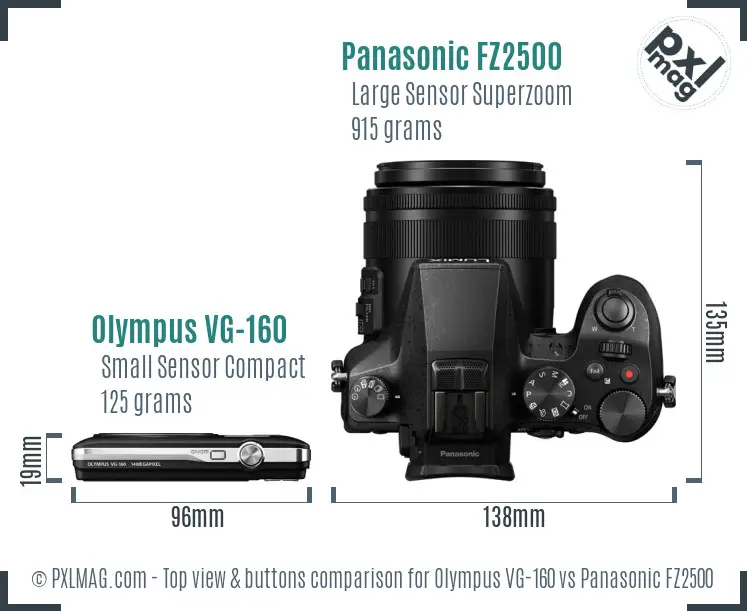 Olympus VG-160 vs Panasonic FZ2500 top view buttons comparison Olympus VG-160 vs Panasonic FZ2500 top view buttons comparison