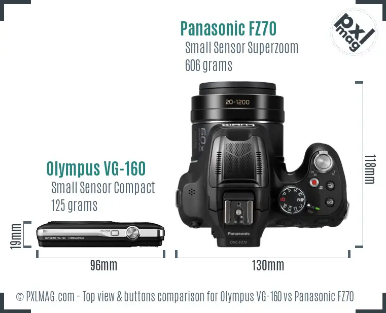 Olympus VG-160 vs Panasonic FZ70 top view buttons comparison Olympus VG-160 vs Panasonic FZ70 top view buttons comparison