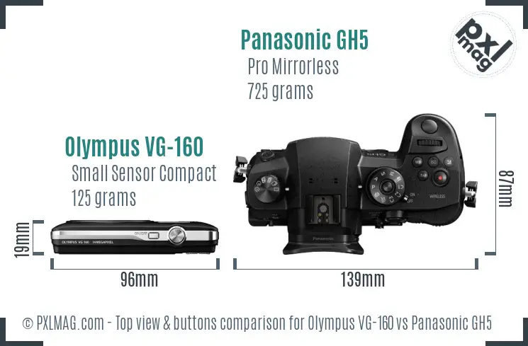 Olympus VG-160 vs Panasonic GH5 top view buttons comparison