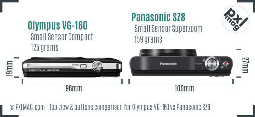Olympus VG-160 vs Panasonic SZ8 top view buttons comparison Olympus VG-160 vs Panasonic SZ8 top view buttons comparison