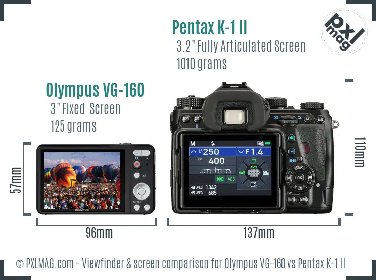 Olympus VG-160 vs Pentax K-1 II Screen and Viewfinder comparison