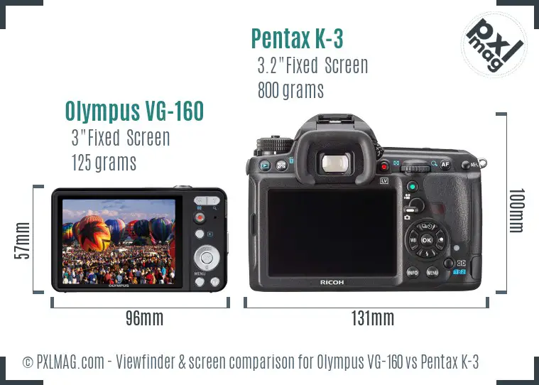 Olympus VG-160 vs Pentax K-3 Screen and Viewfinder comparison