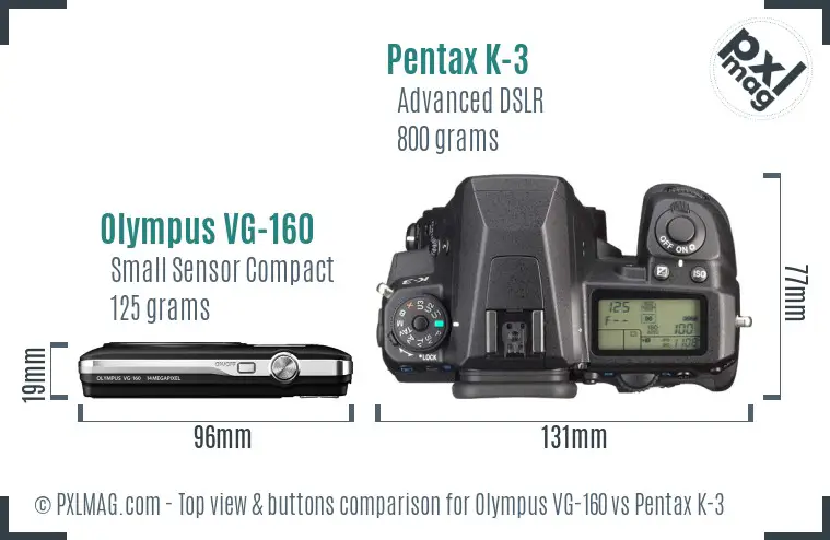 Olympus VG-160 vs Pentax K-3 top view buttons comparison