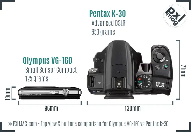 Olympus VG-160 vs Pentax K-30 top view buttons comparison