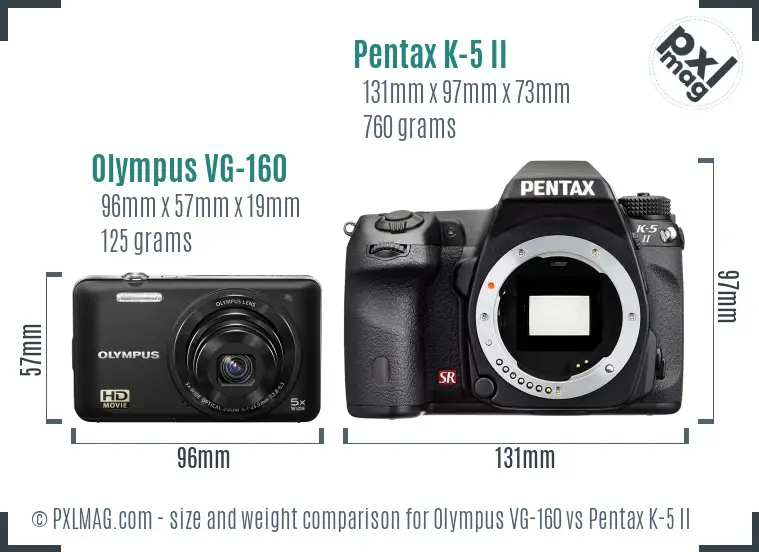 Olympus VG-160 vs Pentax K-5 II size comparison