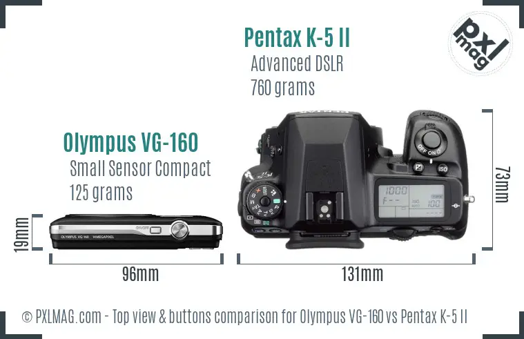 Olympus VG-160 vs Pentax K-5 II top view buttons comparison