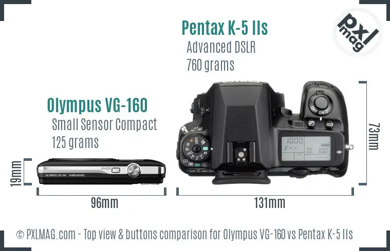 Olympus VG-160 vs Pentax K-5 IIs top view buttons comparison