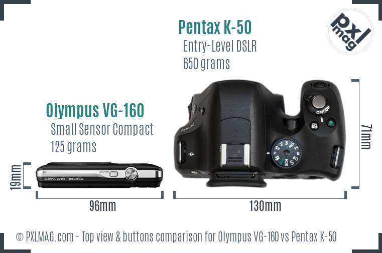 Olympus VG-160 vs Pentax K-50 top view buttons comparison