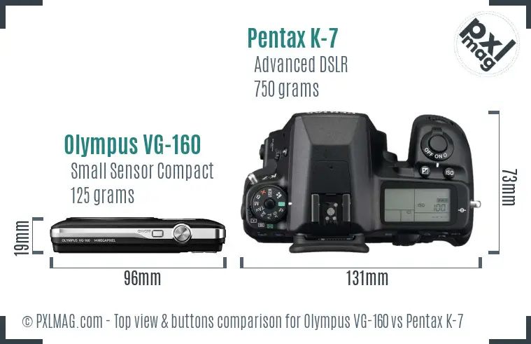 Olympus VG-160 vs Pentax K-7 top view buttons comparison