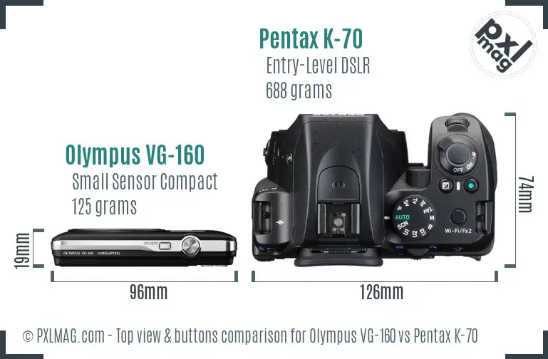 Olympus VG-160 vs Pentax K-70 top view buttons comparison Olympus VG-160 vs Pentax K-70 top view buttons comparison