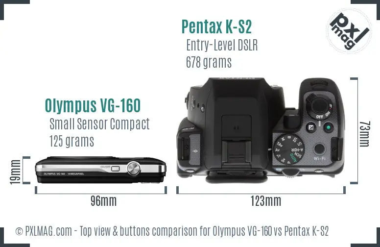 Olympus VG-160 vs Pentax K-S2 top view buttons comparison