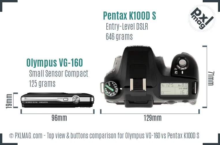 Olympus VG-160 vs Pentax K100D S top view buttons comparison