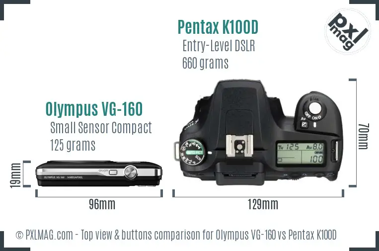 Olympus VG-160 vs Pentax K100D top view buttons comparison