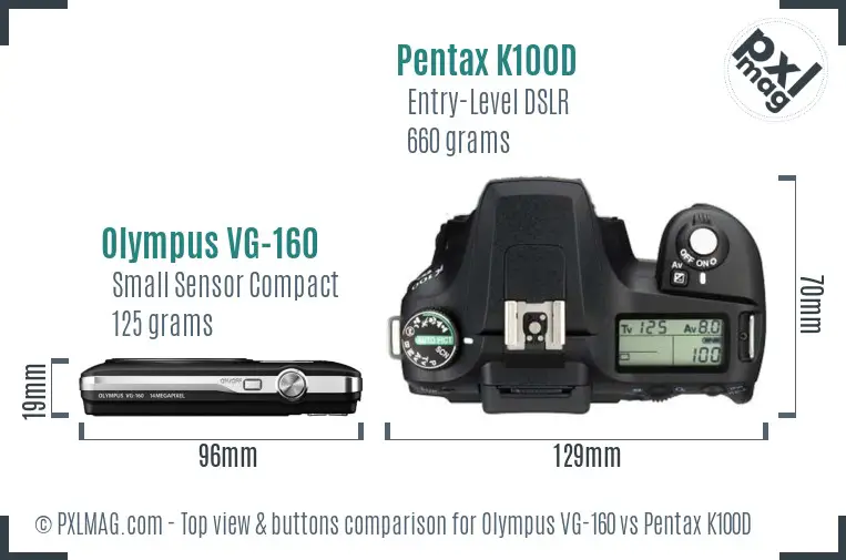 Olympus VG-160 vs Pentax K100D top view buttons comparison Olympus VG-160 vs Pentax K100D top view buttons comparison