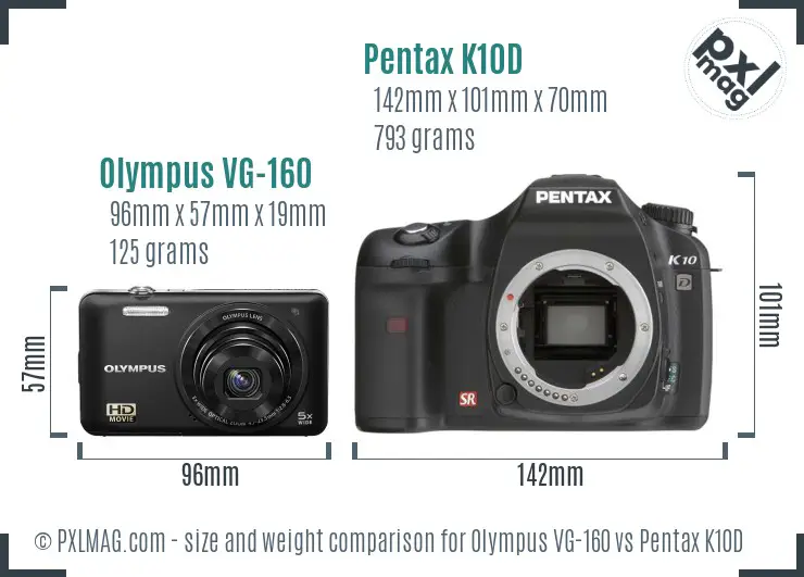 Olympus VG-160 vs Pentax K10D size comparison