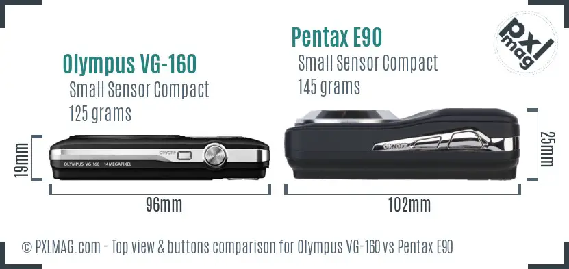 Olympus VG-160 vs Pentax E90 top view buttons comparison