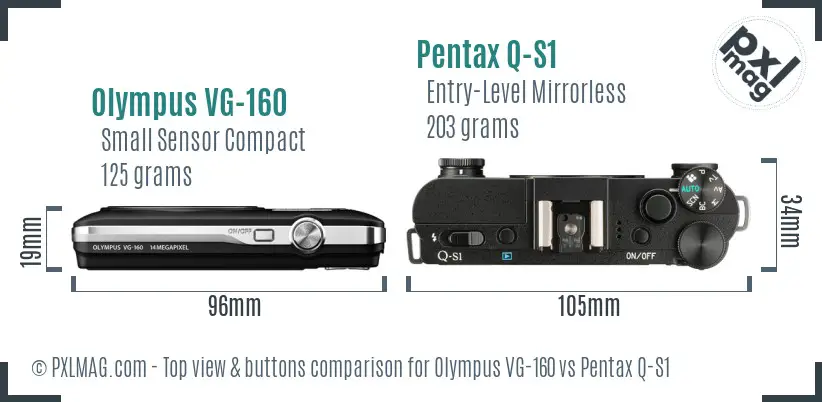 Olympus VG-160 vs Pentax Q-S1 top view buttons comparison