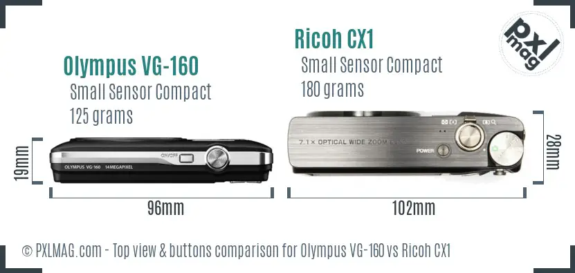 Olympus VG-160 vs Ricoh CX1 top view buttons comparison