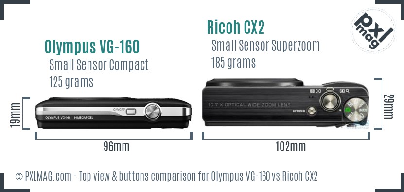 Olympus VG-160 vs Ricoh CX2 top view buttons comparison